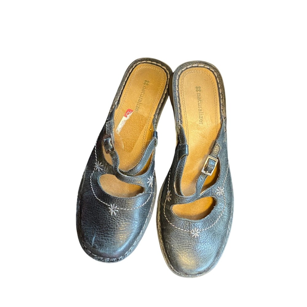Vintage 1990s Leather Embroidered Black Mule Clogs Mary Jane Buckle Strap 8 Y2K